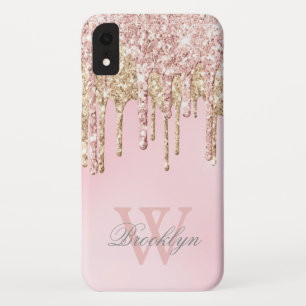 Girly Blush Roos Gold Glitter Drips Monogramed Case-Mate iPhone Case