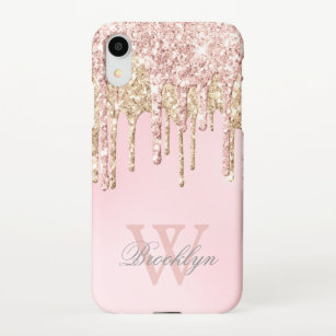 Girly Blush Roos Gold Glitter Drips Monogramed iPhone Hoesje