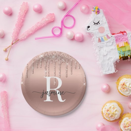 Girly Blush Roos Gold Glitter Driving Monogram Papieren Bordje (Feest)