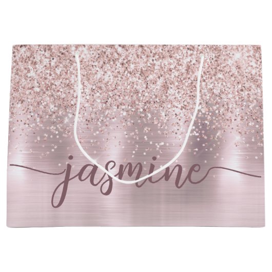 Girly Blush Roos Gold Glitter Monogram Name Script Groot Cadeauzakje (Voorkant)