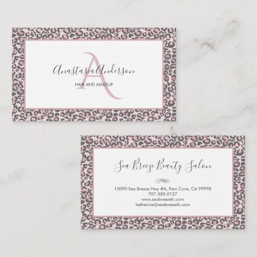 Girly Blush Roos Gold Leopard Spots White Monogram Visitekaartje (Voorkant / Achterkant)