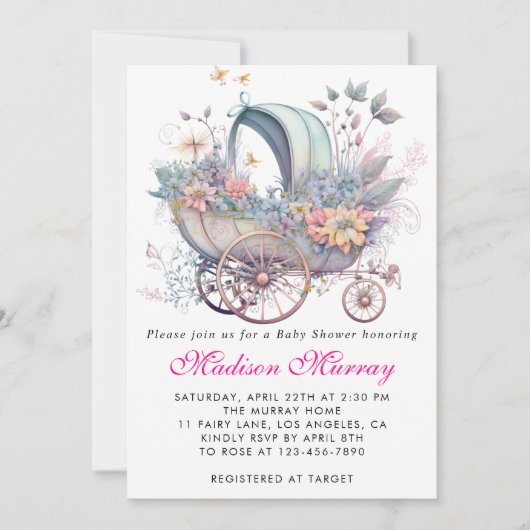 Girly Blush Roze Bloemen Buggy Wandelwagen Baby sh Kaart (Voorkant)