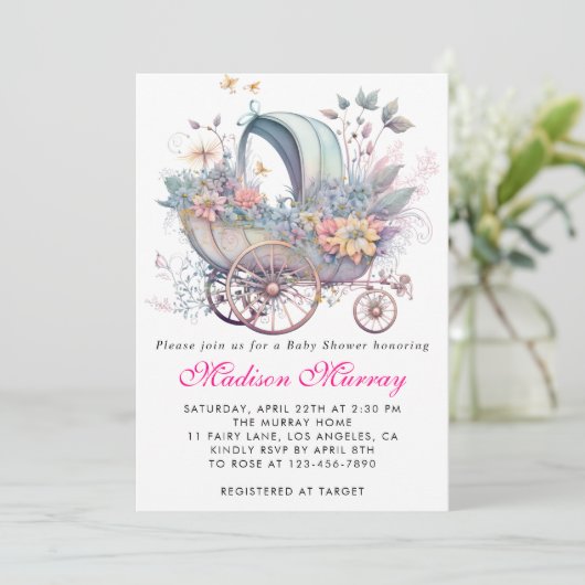 Girly Blush Roze Bloemen Buggy Wandelwagen Baby sh Kaart (Staand voorkant)