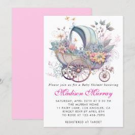Girly Blush Roze Bloemen Buggy Wandelwagen Baby sh Kaart