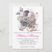 Girly Blush Roze Bloemen Buggy Wandelwagen Baby sh Kaart (Voorkant)