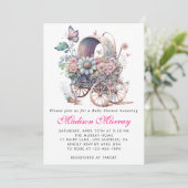 Girly Blush Roze Bloemen Buggy Wandelwagen Baby sh Kaart (Staand voorkant)