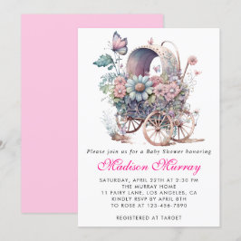 Girly Blush Roze Bloemen Buggy Wandelwagen Baby sh Kaart