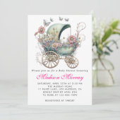 Girly Blush Roze Bloemen Buggy Wandelwagen Baby sh Kaart (Staand voorkant)