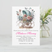 Girly Blush Roze Bloemen Buggy Wandelwagen Baby sh Kaart (Staand voorkant)