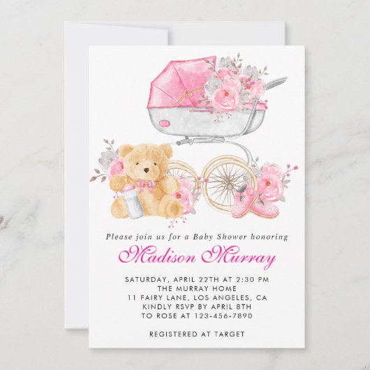 Girly Blush Roze Bloemen Wandelwagen Pram Baby sho Kaart (Voorkant)