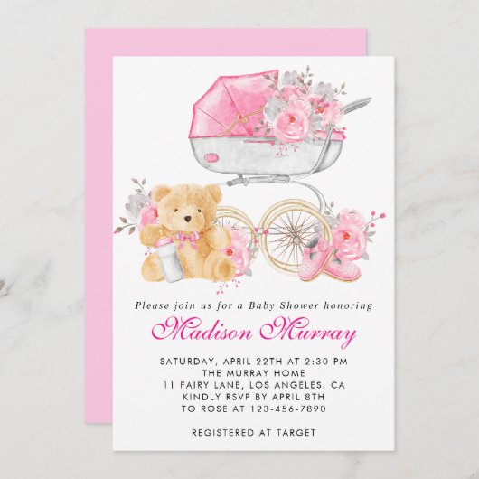 Girly Blush Roze Bloemen Wandelwagen Pram Baby sho Kaart (Voorkant / Achterkant)