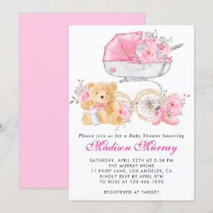 Girly Blush Roze Bloemen Wandelwagen Pram Baby sho Kaart