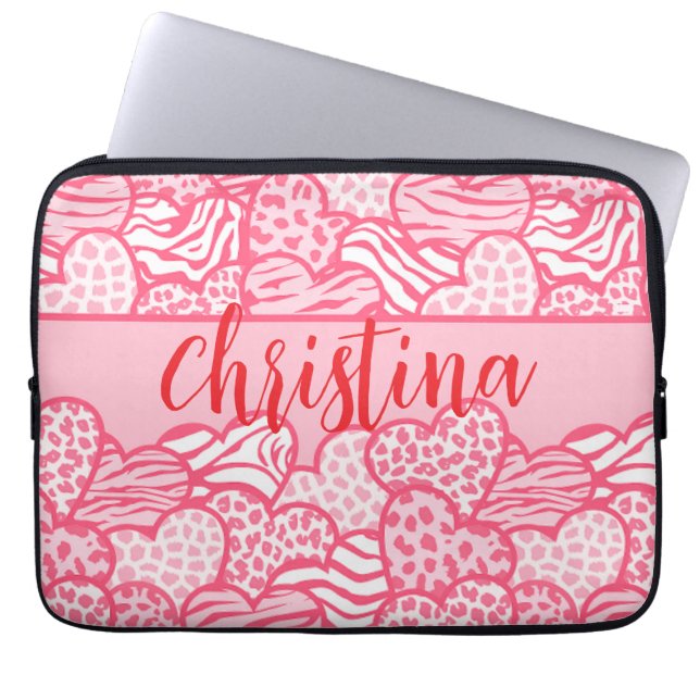 Girly Blush Roze Cute Dierenprint Harten Naam Laptop Sleeve (Voorkant)