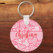 Girly Blush Roze Cute Dierenprint Harten Naam Sleutelhanger (Voorkant)