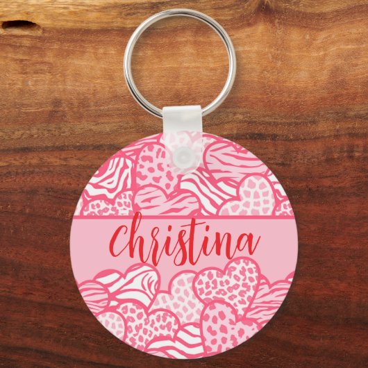 Girly Blush Roze Cute Dierenprint Harten Naam Sleutelhanger (Voorkant)