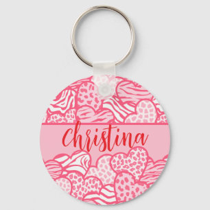 Girly Blush Roze Cute Dierenprint Harten Naam Sleutelhanger