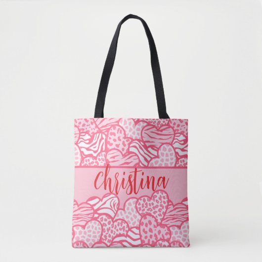 Girly Blush Roze Cute Dierenprint Harten Naam Tote Bag (Voorkant)