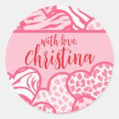 Girly Blush Roze Dierenprint Harten met een Naam Ronde Sticker (Voorkant)