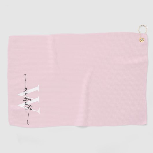 Girly Blush Roze Elegant Monogram Naam Script Golf Golfhanddoek (Horizontaal)
