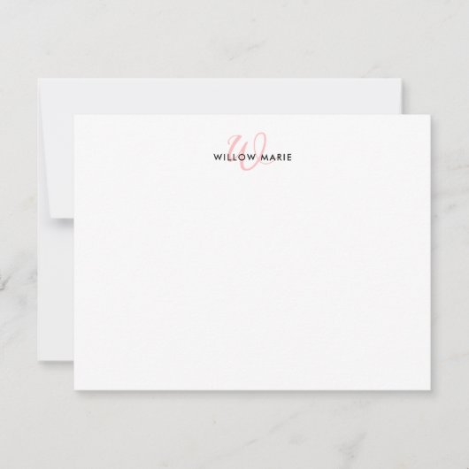Girly Blush Roze Elegant Script Monogram Notitiekaartje (Voorkant)