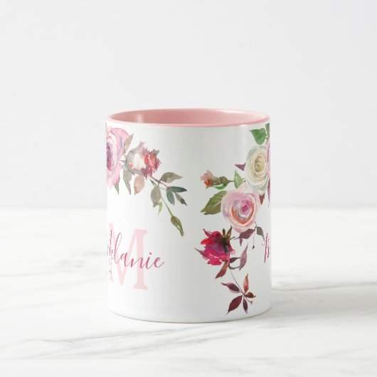 Girly Blush Roze en Witte Rozen Naam Monogram Mok (Midden)