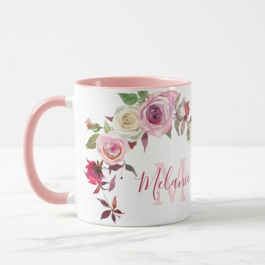 Girly Blush Roze en Witte Rozen Naam Monogram Mok (Links)