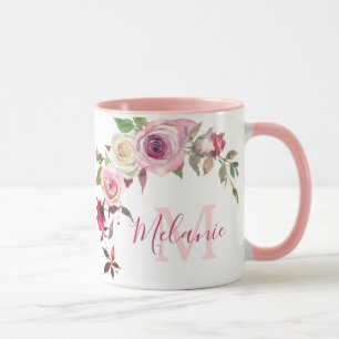Girly Blush Roze en Witte Rozen Naam Monogram Mok