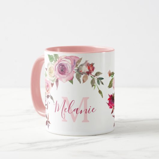 Girly Blush Roze en Witte Rozen Naam Monogram Mok (Voorkant links)