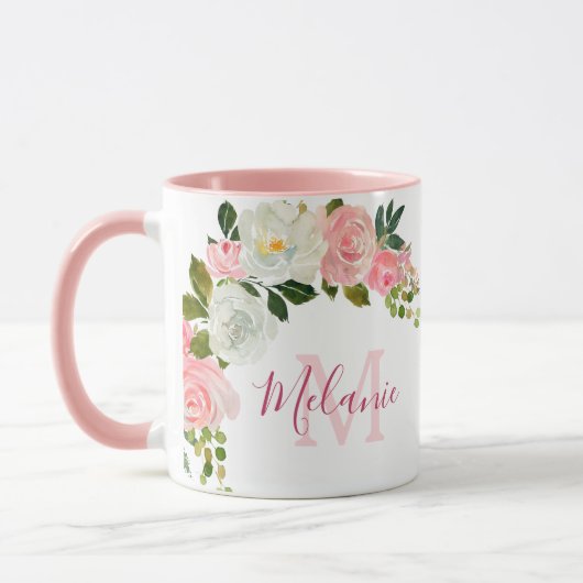 Girly Blush Roze en Witte Rozen Naam Monogram Mok (Links)