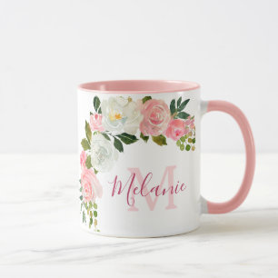 Girly Blush Roze en Witte Rozen Naam Monogram Mok