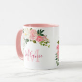 Girly Blush Roze en Witte Rozen Naam Monogram Mok (Voorkant links)