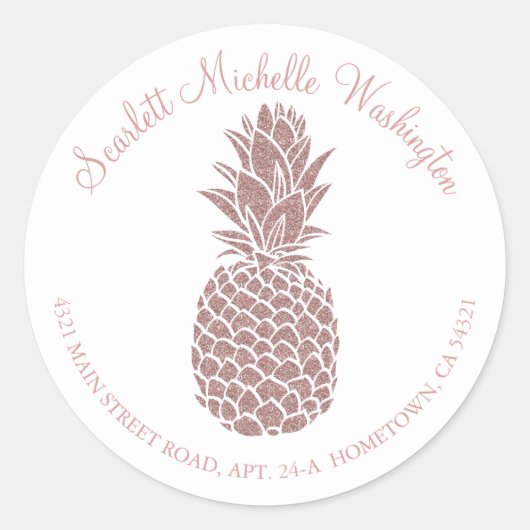 Girly Blush Roze Glitter Ananas Adres Ronde Sticker (Voorkant)