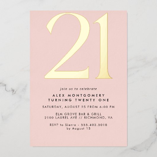 Girly Blush Roze & Goud | 21e verjaardag van vrouw Folie Uitnodiging (Voorkant)