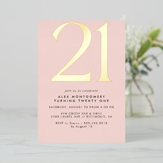 Girly Blush Roze & Goud | 21e verjaardag van vrouw Folie Uitnodiging (Staand Voorkant)