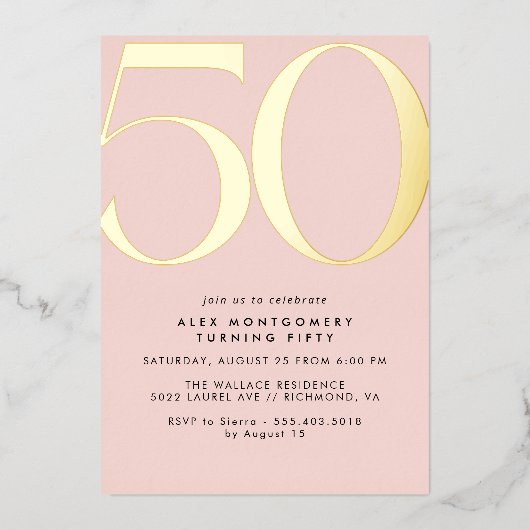 Girly Blush Roze & Goud | 50e verjaardag van vrouw Folie Uitnodiging (Voorkant)