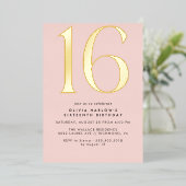 Girly Blush Roze & Goud | Glam Sweet 16e verjaarda Folie Uitnodiging (Staand Voorkant)