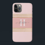 Girly Blush Roze Goud Monogram Streep Case-Mate iPhone Case<br><div class="desc">Bescherm je telefoon met dit gepersonaliseerde girly Iphone 11-hoesje. Het heeft een grijze tekst en een wit monogram initiaal op een prachtige blush roze achtergrond. Pas de iPhone-hoes aan met de naam en het initiaal van uw keuze om iemand extra speciaal te laten voelen. Maakt een leuk cadeau voor verjaardagen...</div>