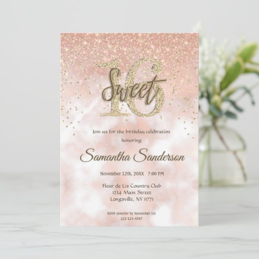 Girly Blush Roze Gouden Glitters Glans Sweet 16 Kaart (Staand voorkant)