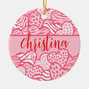 Girly Blush Roze Grappige Dierenprint Harten Naam Keramisch Ornament