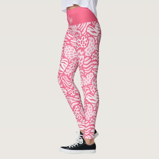 Girly Blush Roze Grappige Dierenprint Harten Naam Leggings (Links)
