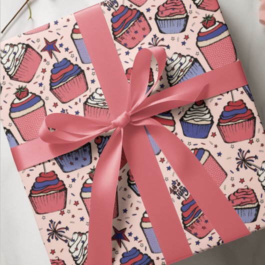 Girly Blush Roze Juli 4 Patriottische Cupcakes Cadeaupapier