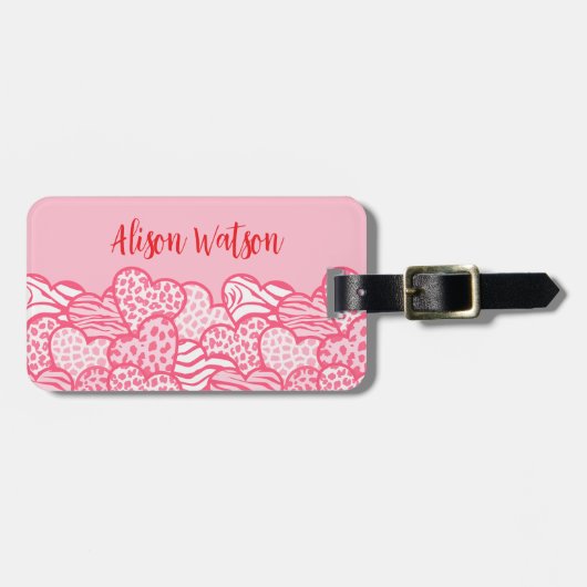 Girly Blush Roze Leuke Dier Print Harten Adres Bagagelabel (Voorkant horizontaal)