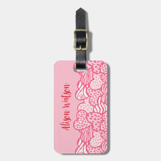 Girly Blush Roze Leuke Dier Print Harten Adres Bagagelabel (Voorkant verticaal)