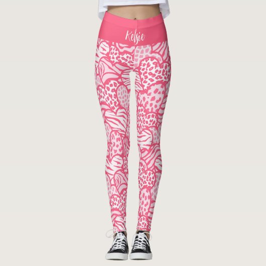 Girly Blush Roze Leuke Dier Print Harten Naam Leggings (Voorkant)