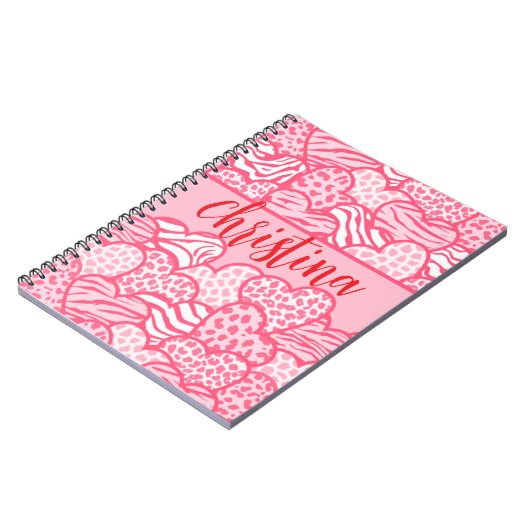 Girly Blush Roze Leuke Dier Print Harten Naam Notitieboek (Linkerzijde)