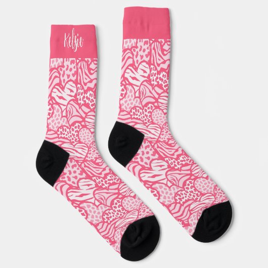Girly Blush Roze Leuke Dier Print Harten Naam Sokken (Rechts)