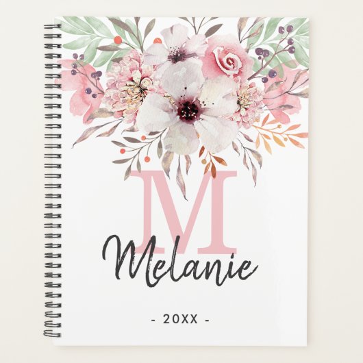 Girly Blush Roze Monogram Bloemen 2024 Planner (Voorkant)