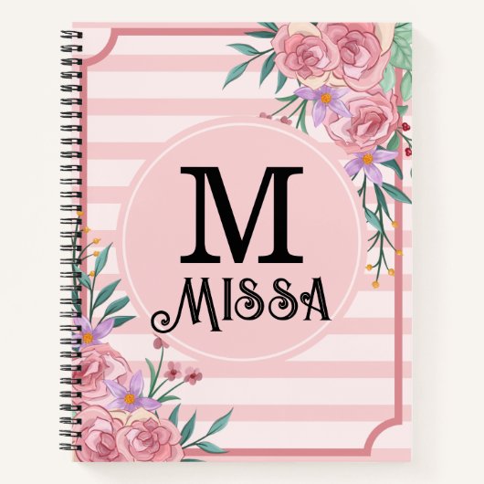 Girly Blush Roze Monogram Bloemen Stijlvol Notitieboek (Voorkant)