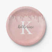 Girly Blush Roze Monogram Druppelende Glitter Papieren Bordje (Voorkant)