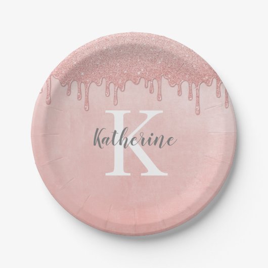 Girly Blush Roze Monogram Druppelende Glitter Papieren Bordje (Voorkant)